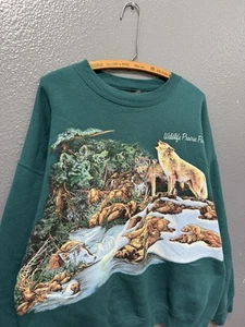 Vintage 90’s Habitat Wolf Nature All Over Print Green Sweatshirt Size XL - Imagen 1 de 5