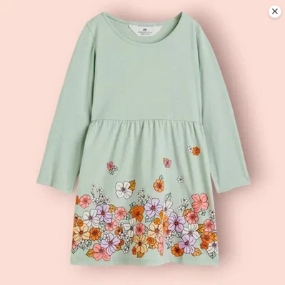 Vestido H&M verde sólido com flores manga completa 100% algodão saia sem picadas - Imagem 1 de 4