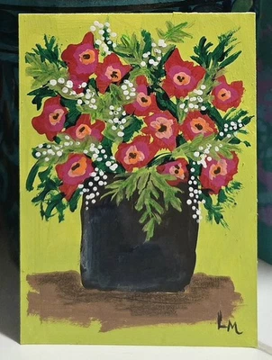 ACEO Original Art Painting Holiday Christmas Flowers Bouquet OOAK ATC Mini  - Image 1 of 4
