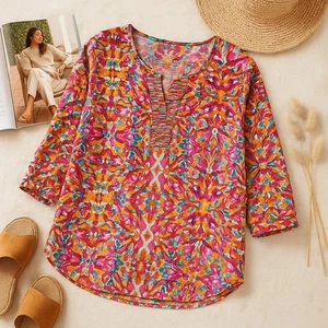 Blusa Coldwater Creek Plisada Cuello en V Popover Colorida Caleidoscopio Para Mujer Grande - Imagen 1 de 8