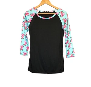 Black & Floral Raglan Sleeve Womens T Shirt Top Size S - Picture 1 of 7
