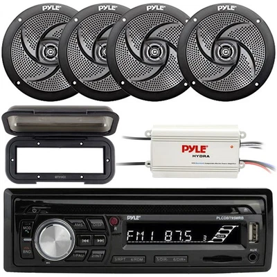 Pyle AM/FM Radio Stereo Bluetooth Receiver, Cover, 4-Channel Amp, 4x Speakers - Image 1 of 4