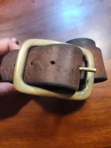 Vintage Tooled Genuine Leather Belt Solid Brass Buckle Sz M/L Unisex - Picture 1 of 13