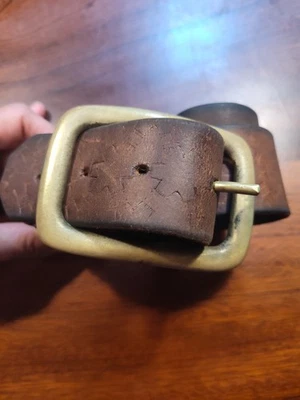 Vintage Tooled Genuine Leather Belt Solid Brass Buckle Sz  M/L Unisex - Image 1 of 4
