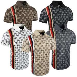 Sport Striped Polo Shirt Luxury Italian Print Logo Slim Fit Stretch Golf T-Shirt - Picture 1 of 17