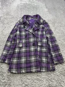 JouJou Pea Coat Women Small Plum Purple Plaid Wool Blend Double Breasted Jacket - Picture 1 of 11