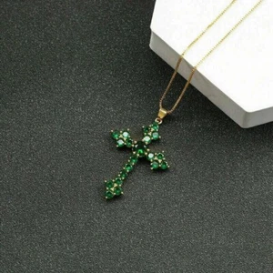 2Ct Round Simulated Emerald Cross Women's Pendant 14K Yellow Gold Plated - Picture 1 of 4