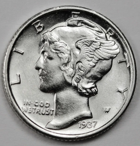 1937-s Mercury Dime. 70% Fully Separated Horizontal Bands BU. Detail (Inventory) Cover