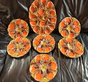 service à huitres 6 assiettes et 1 plat vallauris en barbotine vintage - Photo 1/8