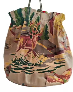 Vtg Handmade Cotton Bark Cloth Wildlife Cinch Closure Purse Tote Handbag - Picture 1 of 5