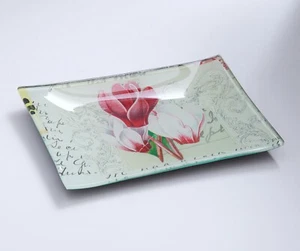 John Derian Floral Cyclamen Decoupage Rectangular Glass Tray 4.5x6.5" Signed - Picture 1 of 4