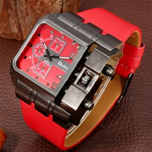 Mens Square Sports Watch Big Dial Red Army Dial Analog Quartz OULM Wrist Watches - Picture 1 of 10