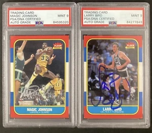 Magic Johnson + Larry Bird Signed 1986 Fleer Basketball Card PSA/DNA Autograph 9 - Picture 1 of 4