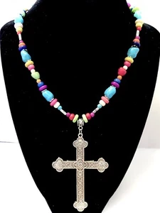 Necklace Large Cross W Howlite Turquoise Nuggets 16” Artisan USA 1920 - Picture 1 of 2