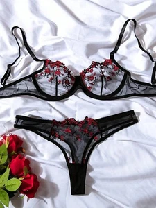 Set reggiseno donna in pizzo floreale reggiseno sexy lingerie trasparente nero rosso - Foto 1 di 7