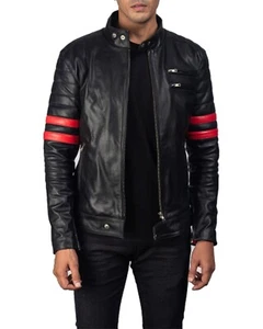 New Men's Black Lambskin Leather Jacket Motorcycle Lambskin Red Strip on Sleeve - Picture 1 of 4