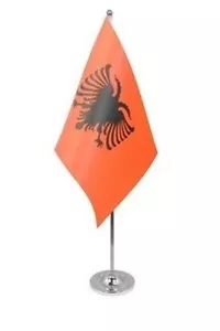 ALBANIEN DELUXE SATIN TISCHFLAGGE 9"X6" CHROM STANGE & SOCKEL Ständer 15" ALBANISCH - Bild 1 von 3
