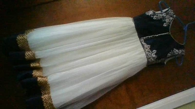 GORGEOUS HANDMADE DRESS! Girls 10-12 Embroidered Navy/Gold Gems Double Lined WOW - Image 1 of 4