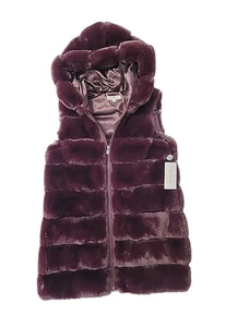 Via Spiga Women's Large Burgundy Grooved Hooded Long Faux Fur Vest NWT Stylish  - Picture 1 of 17