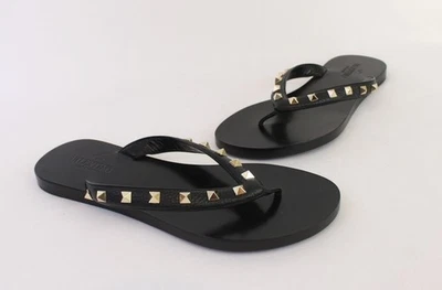 Valentino NWOB 黑色皮革 Rockstud 丁字鞋 平底鞋 尺码 39 9 — 第 1/4 张图片