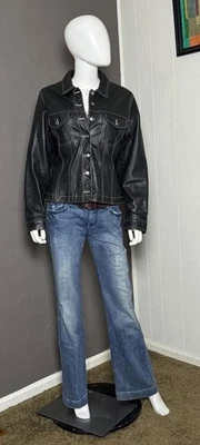 Vintage 1990's GAP Black Leather Trucker Jacket White Stitching on Black Leather - Image 1 of 4