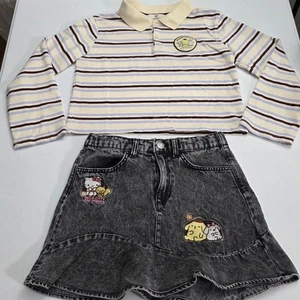 H&M Girls Sanrio Hello Kitty Pompompurin Denim Skirt & Polo Outfit Size 8-10 - Picture 1 of 16
