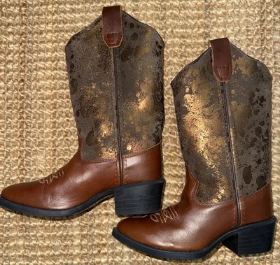 Old West Cowboy Boots Size  11 Kids Leather Western  Brown & Bronze Color - Image 1 of 4
