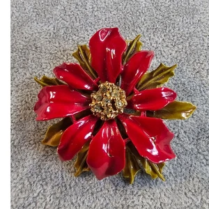 Vintage ART rote Emaille Blume Brosche Anstecknadel goldfarben Strass Mitte floral MÄNGEL - Bild 1 von 9