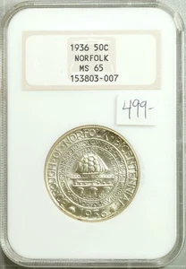 1936 Norfolk Commemorative Half Dollar NGC MS 65 GEM Blazer Old Fatty Holder - Picture 1 of 2