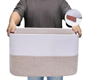 Large Cotton Rope Storage Basket With Leather Handles Laundry Hamper Basket 20 " - Picture 1 of 6