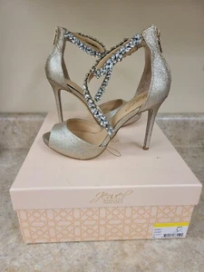Jewel Badgley Mischka Javier Ankle Strap Heels Gold Glitter Sz 6.5 New in Box - Picture 1 of 15