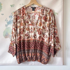 Desigual Top Size Large Boho Floral Blouse Cream Red Flowy V-Neck 3/4 Sleeves - Picture 1 of 9