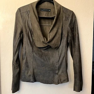 Zara Women Jacket Sz S Olive Green Faux Suede Drape collar Side Zipper Moto Bike - Picture 1 of 13