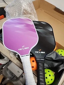 VICLION Pickleball Paddles Purple/Black   of 2 Carbon Fiber Rackets-4 Balls  - Picture 1 of 12