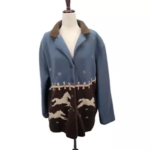 Alfred Dunner Fleece Jacket Size M Horses Pasture Equestrian Vintage Blue Brown - Picture 1 of 9