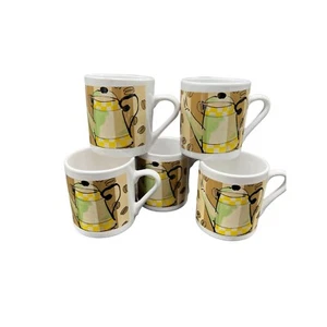 Retro Expresso Coffee Cups with Pot and Bean Design Set of 5 Preowned - Picture 1 of 3