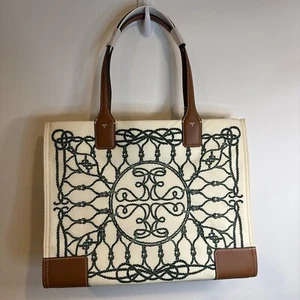 Tory Burch Small Ella Ivory Abstract Rope Print Nylon Leather Tote Bag NWT - Picture 1 of 9