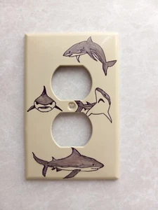 Great White SHARKS Light Switch Plate Artist Signed Handmade Upcycled Artwork - Picture 1 of 6
