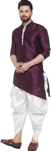 Indian Silk Wine Shirt Men Trail Cut Wedding Kurta Tunic Solid White Dhoti Pant - Picture 1 of 6