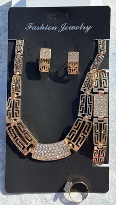 4pcs Chunky Art Deco Jewelry Set Rhinestone Women Necklace Brass Plated Gold. - Image 1 of 4