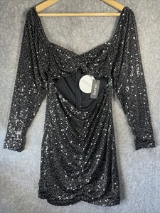 Boohoo Sequin Cutout Twist Mini Dress Zip Back Black Size 12 BNWT - Picture 1 of 22