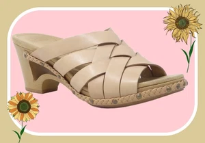 Dansko 38 $185 Womens Tory Woven Studded Leather Wedge Sandals Slides BEIGE - Picture 1 of 9