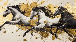 Leinwandbild Majestätische Pferde schwarz weiß und gold Stil Wandbild Poster Druck - Bild 1 von 22