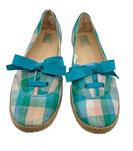 Scarpe basse donna UGG Australia TG 6M blu tessuto fiocco slip on plaid