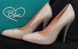 BETSEY JOHNSON BLUE 7.5 PUMPS HEELS SB-SHINE CHAMP FAB RHINESTONE STILETTO SHOE - Picture 1 of 24