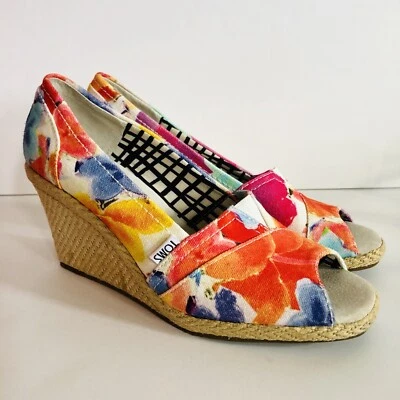 Toms女式Corbel多色花卉草编鞋露趾楔形9.5 — 第 1/4 张图片