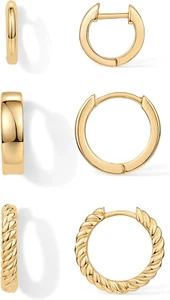 18K Gold Plated Sterling Silver Posts 3 Pairs Small Hoop Earrings Set | Plain Ro - Picture 1 of 12
