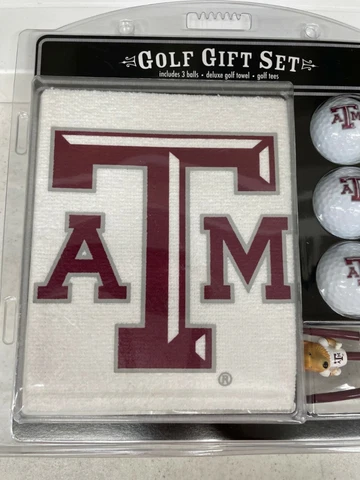 Texas A & M Gift Set 3 Logo Golf Balls 3 Mascot Tees Deluxe Golf Towel Team Cover