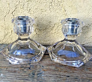 2 CANDLE HOLDER CANDLESTICKS ART DECO DEPRESSION GLASS CLEAR STURDY - Picture 1 of 13