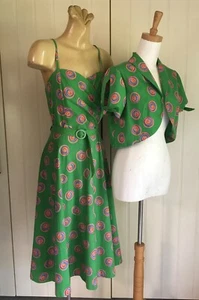 SUN DRESS Straps BOLERO Jacket 70s Vintage Green COTTON Belt Sz M-L Retro Rare - Picture 1 of 10